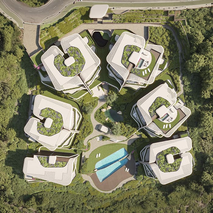 Aerial view of Sphere Sotogrande. Distribution of the buildings
