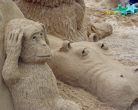 Monkey and rhino sand sculpture
