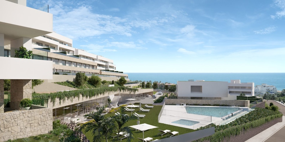 View of the pool and sea views from Azure Estepona